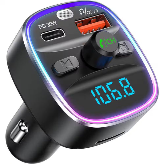 Bluetooth 5.4 FM Transmitter Car Adapter 48-Watt Fast Charging Wireless Radio Music Hands-Free Calling 7 Color Light