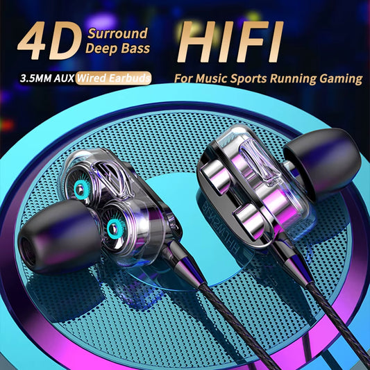 3.5Mm Wired Headphones Noise Canceling In-Ear Sports Earphone Dual Driver Bass Stereo Gaming Headset Hifi Music Earbuds with Mic