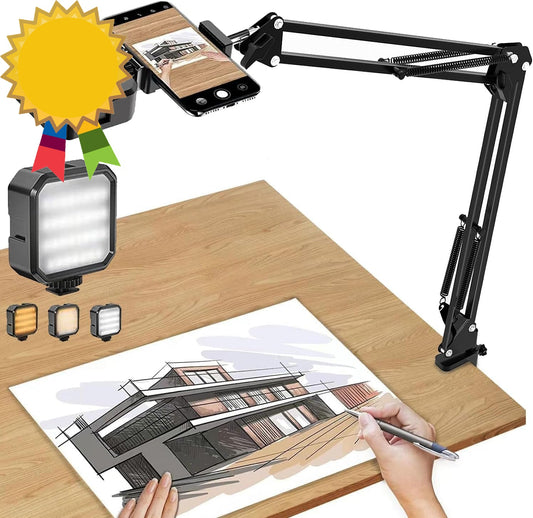 Overhead Phone Mount Articulating Arm Cell Phone Holder with LED Light